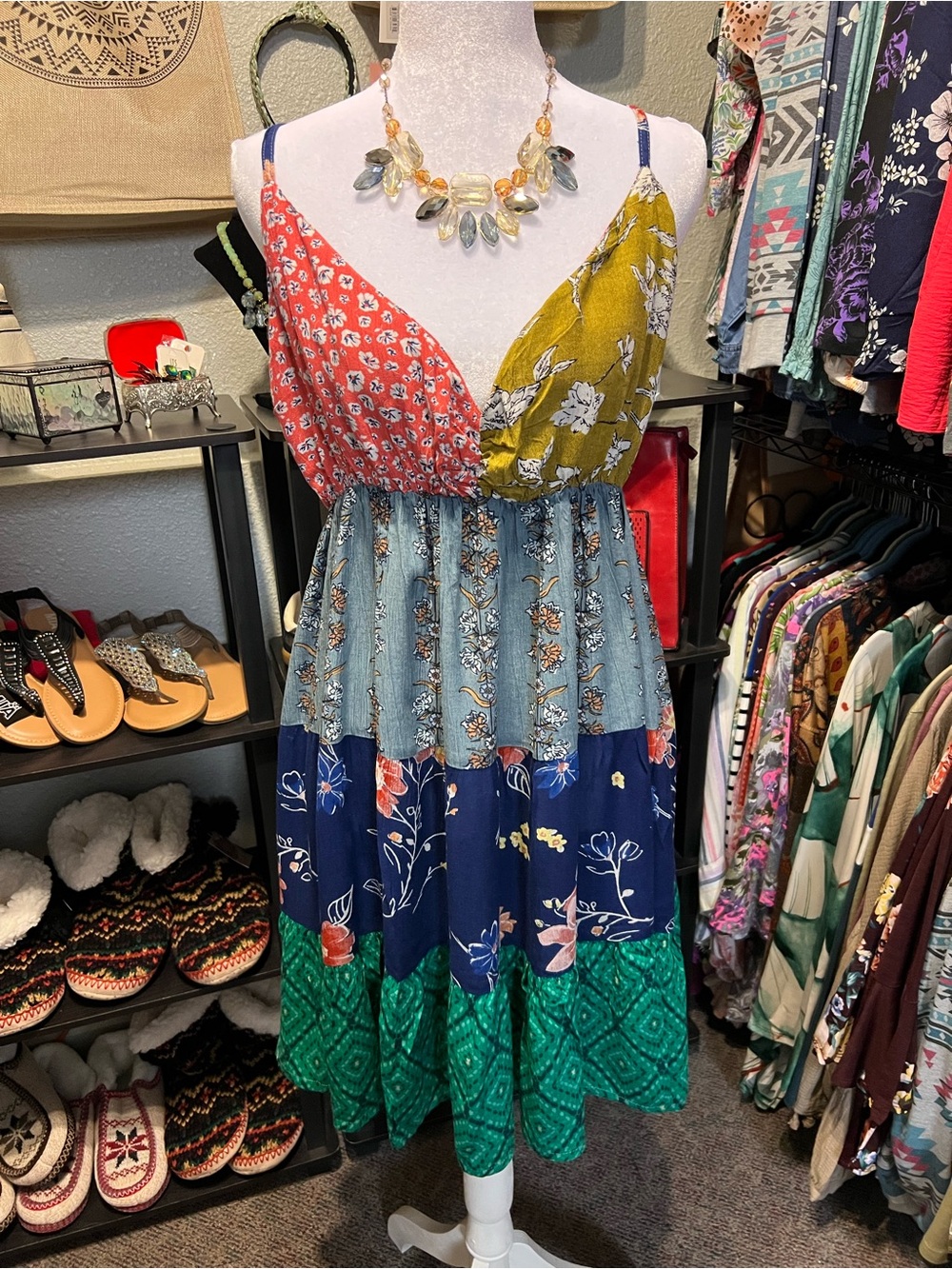 Boho Patchwork Tiered Midi Dress in Multi-Color